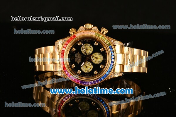 Rolex Daytona II Rainbow Asia 3836 Automatic Yellow Gold Case/Strap with Black Dial and Rainbow Colored Bezel - Click Image to Close